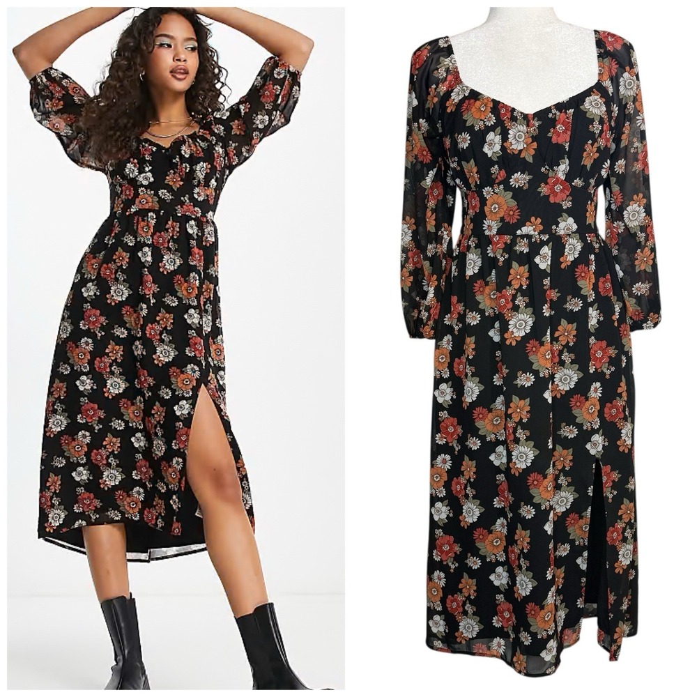 Hollister Dress Womens Medium Floral Long‎ Puff Sleeve Slit Midi Chiffon Retro